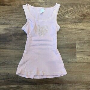 Y2K Tank Top Womens Size S Light Pink Ribbed Gold Heart Graphic Cami